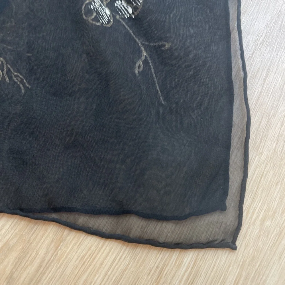 Vintage Scarf Sheer Black Rayon Painted Flowers Women's 17